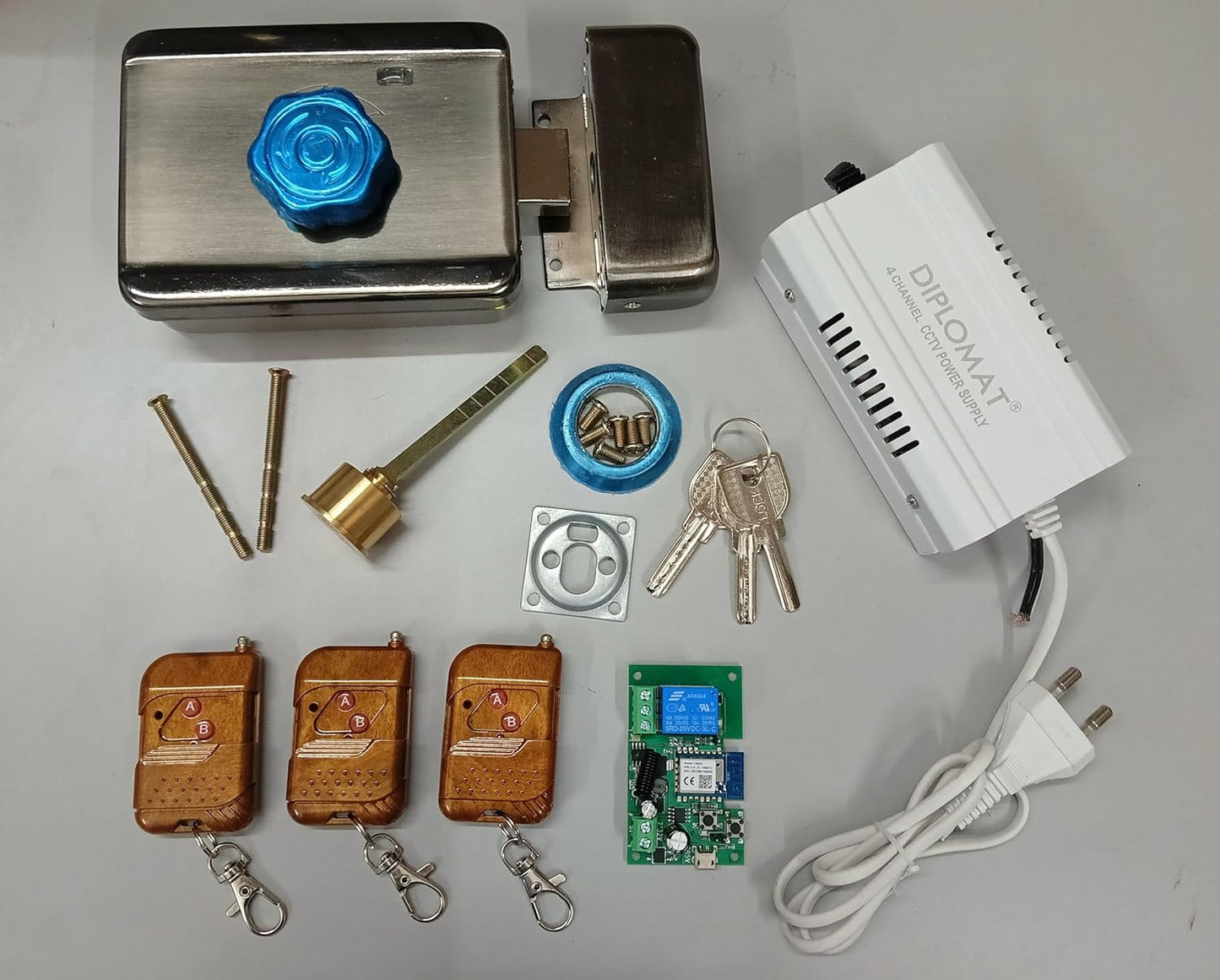 Combo-CN91 Motorised Electric Door Lock for Wooden & Metal Doors with 3 Keys with WiFi Controller with 3 remotes and 12V 3A Power Supply | Stainless Steel | Motorised Technology