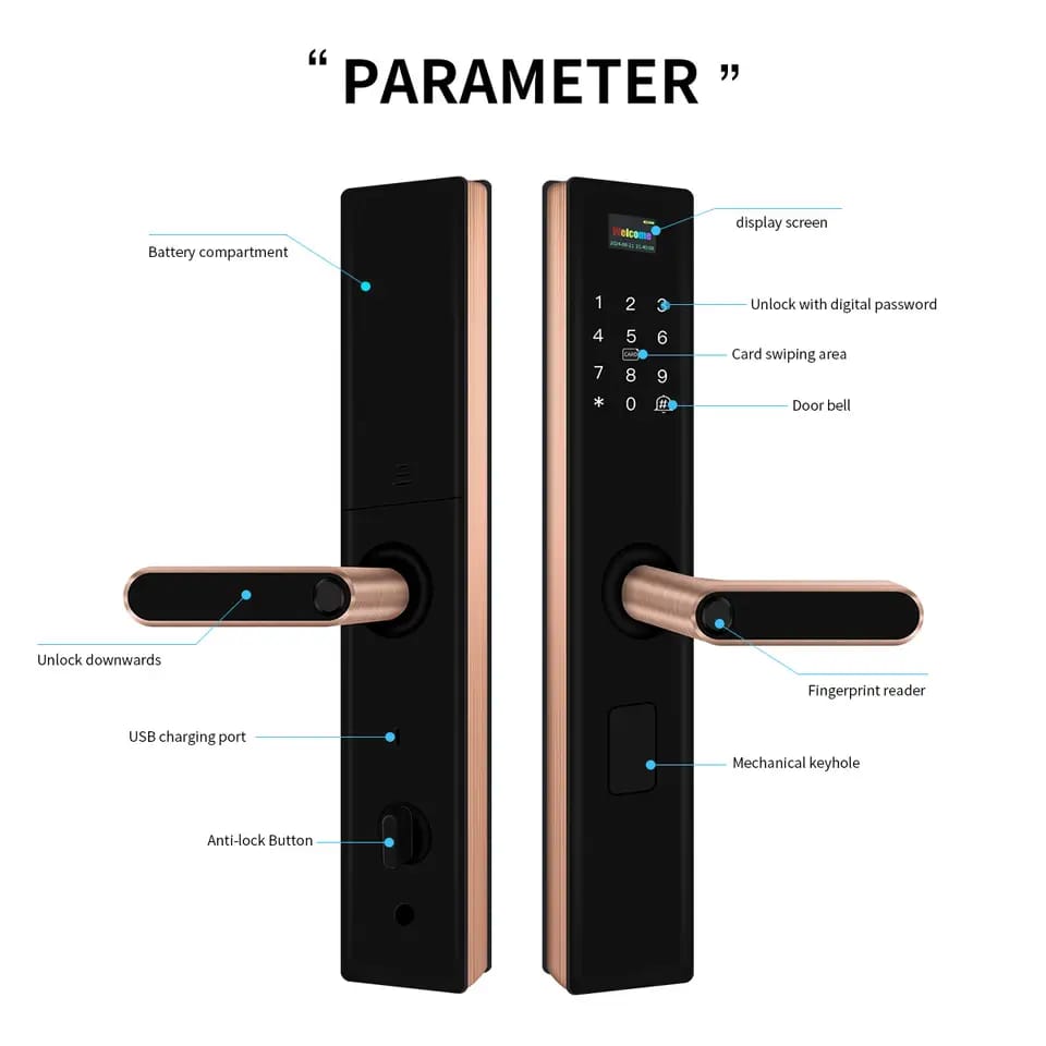 NeoRG-05 Rose Gold Digital Smart Handle Lock | Fingerprint, Wi-Fi & Mobile App Control | RFID Cards, Physical Keys, Built-in Doorbell | 2 Years Warranty