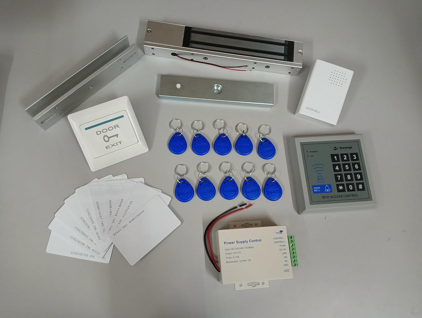 Combo-CN1 RFID Access Control System, EM Lock 600 Lbs, U Bracket for Glass Door, 12V Door Bell, PVC Exit Switch, K80 Supply, RFID Thin Cards 10 Nos