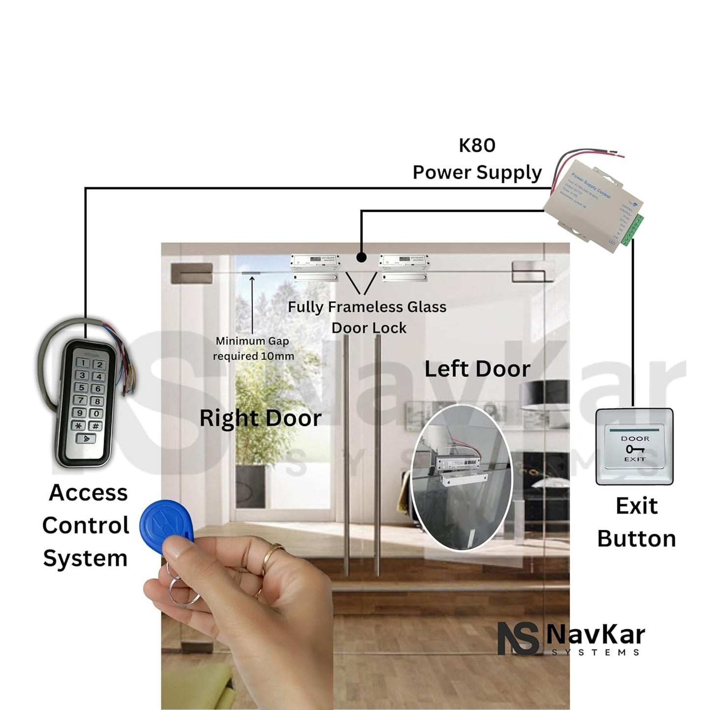Weatherproof RFID Pin Access Control System, EM Lock 600 Lbs, K80 Supply, PVC Button, Keychain Tag 10 Nos for Wooden or Aluminium Door