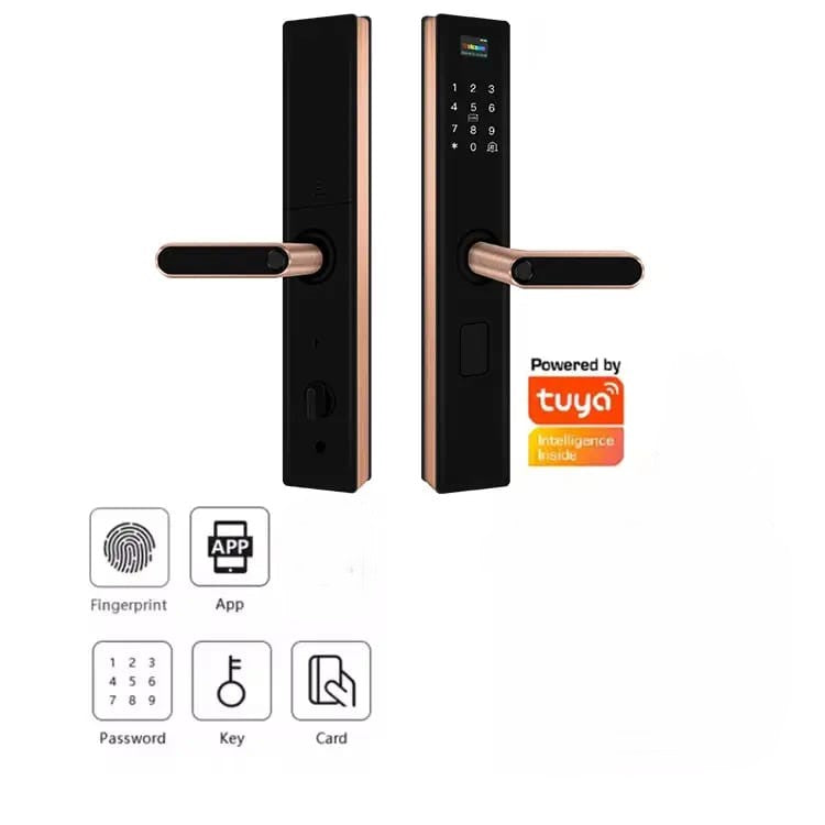 NeoRG-05 Rose Gold Digital Smart Handle Lock | Fingerprint, Wi-Fi & Mobile App Control | RFID Cards, Physical Keys, Built-in Doorbell | 2 Years Warranty