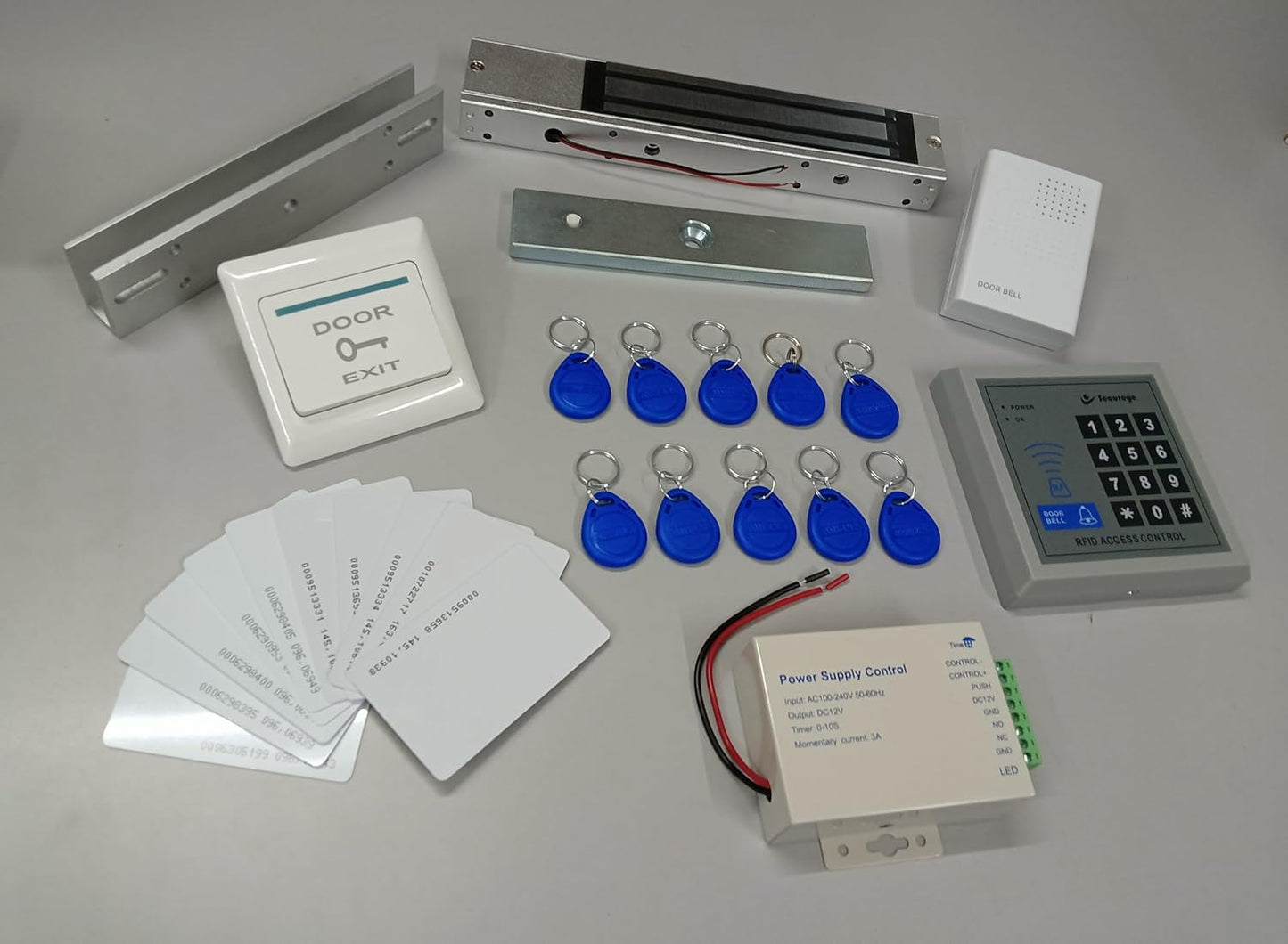 Combo-CN1 RFID Access Control System, EM Lock 600 Lbs, U Bracket for Glass Door, 12V Door Bell, PVC Exit Switch, K80 Supply, RFID Thin Cards 10 Nos