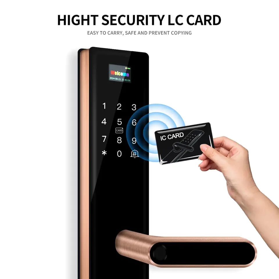 NeoRG-05 Rose Gold Digital Smart Handle Lock | Fingerprint, Wi-Fi & Mobile App Control | RFID Cards, Physical Keys, Built-in Doorbell | 2 Years Warranty