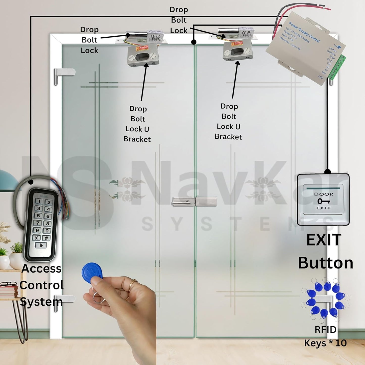 NAVKAR SYSTEMS Weatherproof RFID Pin Access Control System, Drop Bolt Lock 2 Nos, Drop Bolt U Bracket for Glass Door 2 Nos, K80 Supply, PVC Button, Keychain Tag 10 Nos for Frameless Glass Double Door