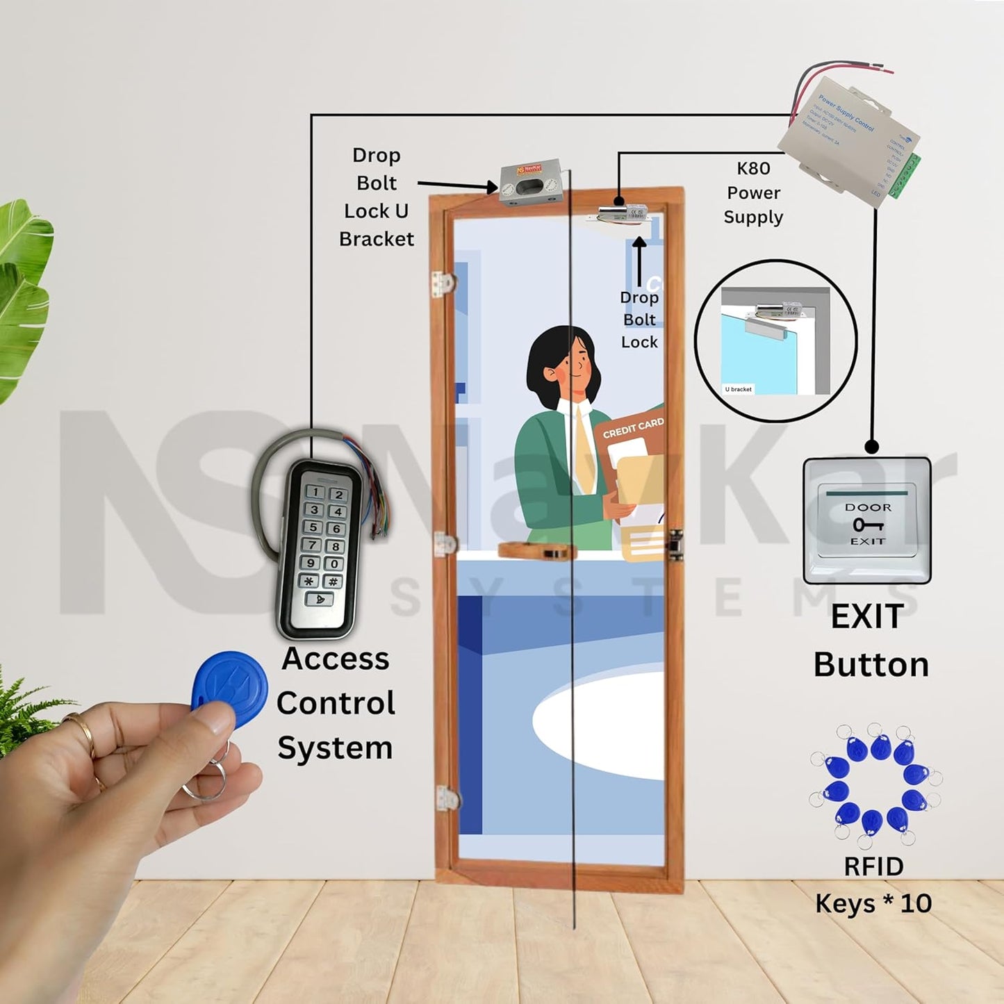 Door Entry Access Control System Weatherproof RFID Pin Access Control System, Drop Bolt Lock, Drop Bolt U Bracket for Glass Door, K80 Supply, PVC Button, Keychain Tag 10 Nos for Frameless Glass Door
