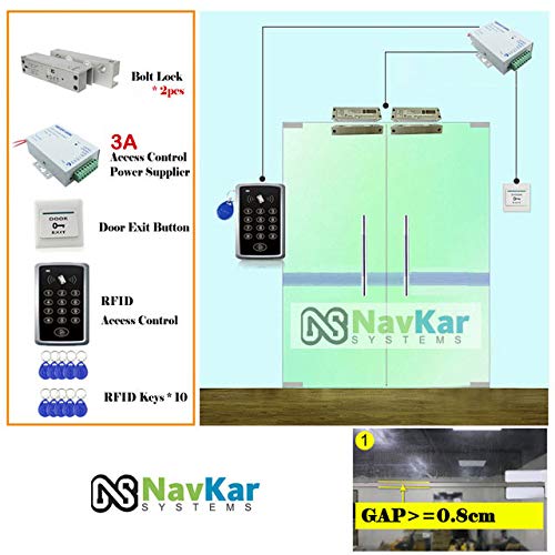 NAVKAR SYSTEMS RFID Pin Access Control System, Fully Frameless Glass Door Lock for Double Glass Doors 2 Nos, K80 Supply, PVC Button, Keychain Tag 10 Nos for double glass door