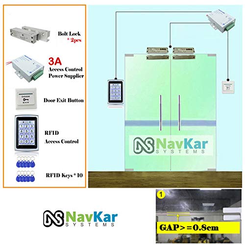 NAVKAR SYSTEMS Weatherproof RFID Pin Access Control System, Fully Frameless Glass Door Lock 2 Nos, K80 Supply, PVC Button, Keychain Tag 10 Nos for Double Frameless Glass Door