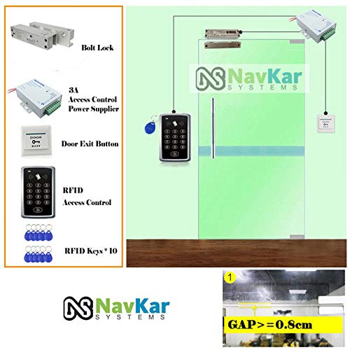 NAVKAR SYSTEMS RFID Pin Access Control System, Fully Frameless Glass Door Lock, K80 Supply, PVC Button, Keychain Tag 10 Nos for Toughened Glass Door with Glass Frame