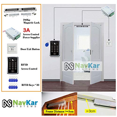 NAVKAR SYSTEMS RFID Pin Access Control System, EM Lock Double Leaf 1200 Lbs for Double Door, K80 Supply, PVC Button, Keychain Tag 10 Nos for Wooden or Aluminium Door