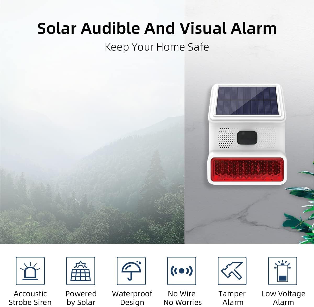 SRSOL-43 Wireless Solar Alarm Siren, 433MHz Wireless Outdoor Siren, Solar Outdoor Siren with LED Flashing Light Function, Support Wireless Alarm System
