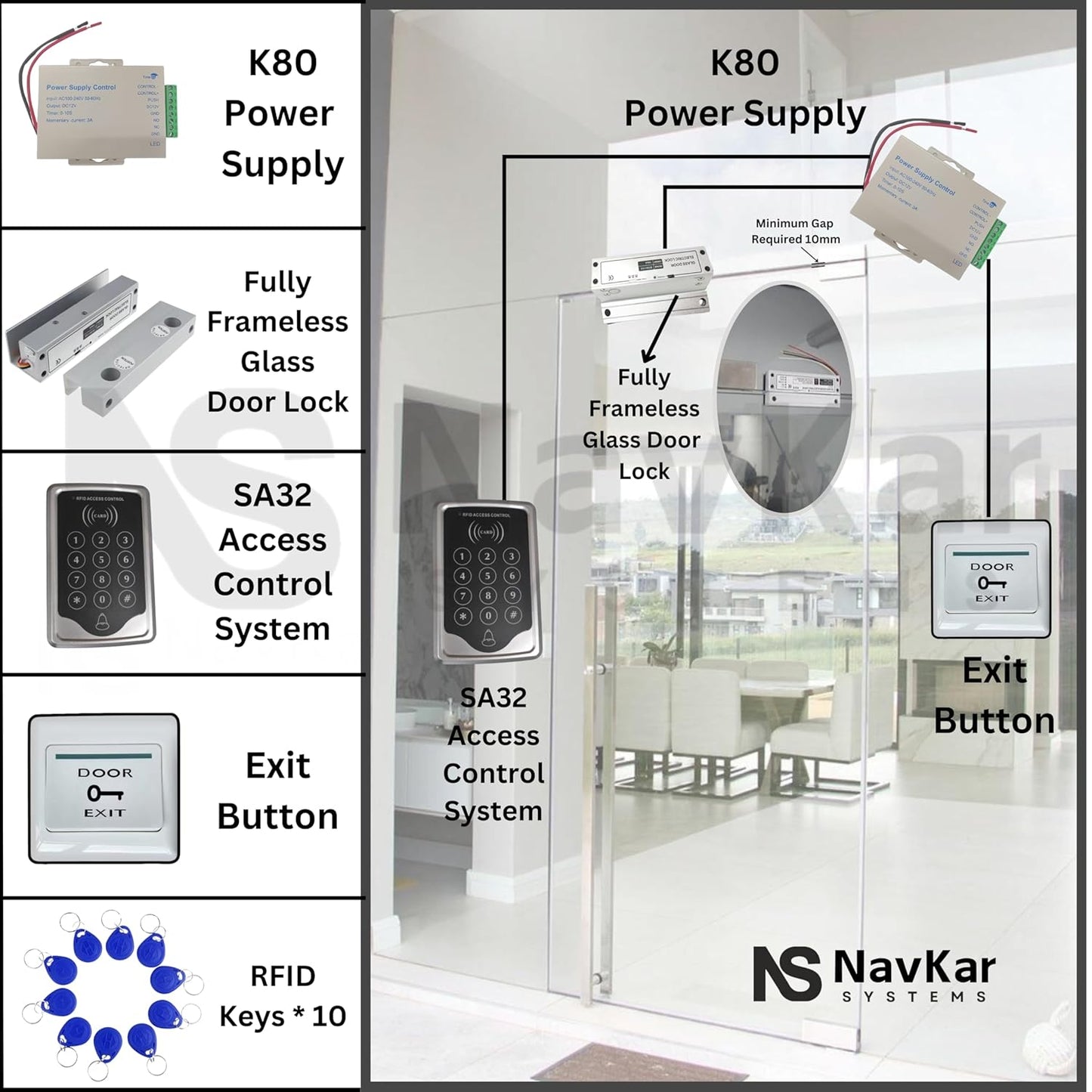 NAVKAR SYSTEMS RFID Pin Access Control System, Fully Frameless Glass Door Lock, K80 Supply, PVC Button, Keychain Tag 10 Nos for Toughened Glass Door with Glass Frame