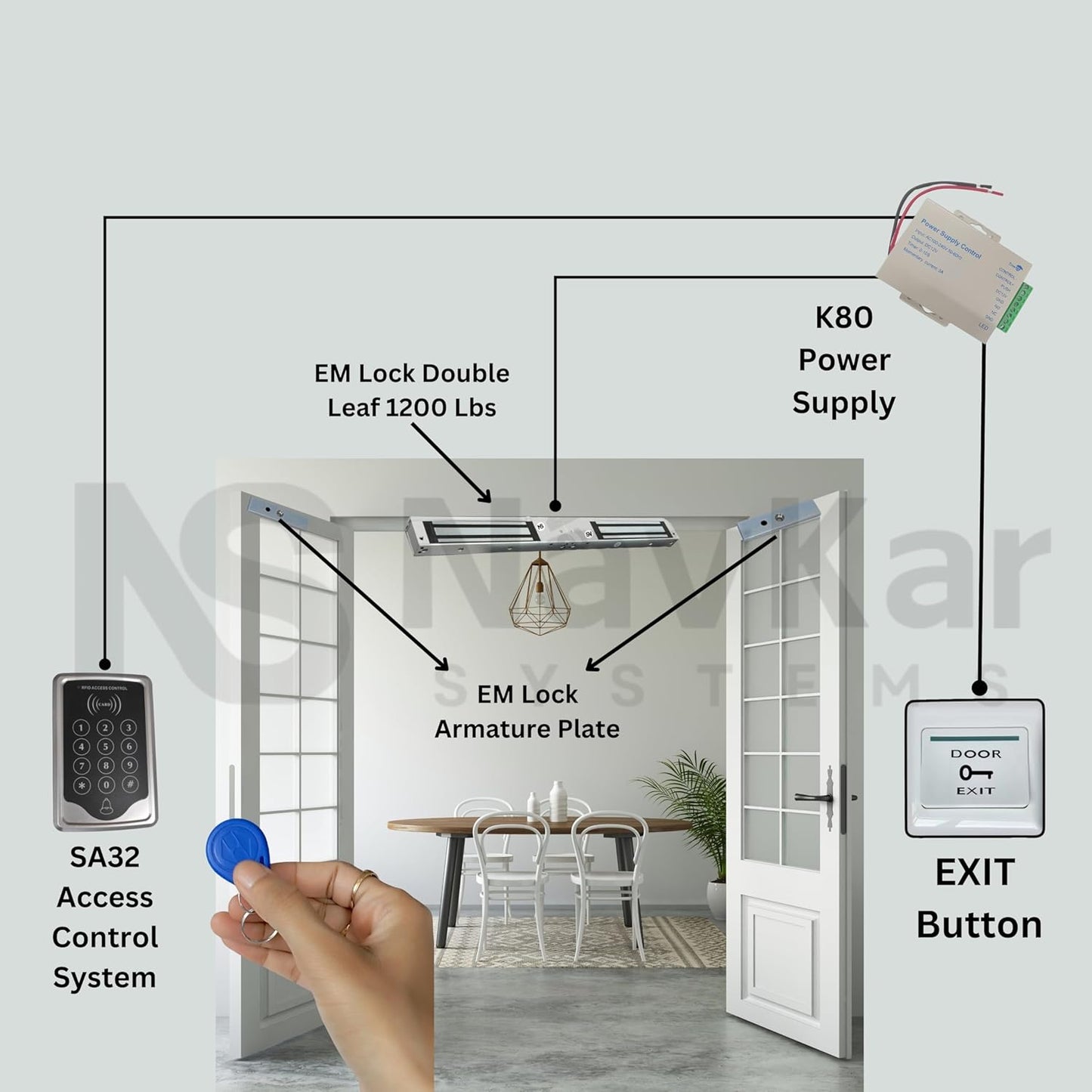 NAVKAR SYSTEMS RFID Pin Access Control System, EM Lock Double Leaf 1200 Lbs for Double Door, K80 Supply, PVC Button, Keychain Tag 10 Nos for Wooden or Aluminium Door