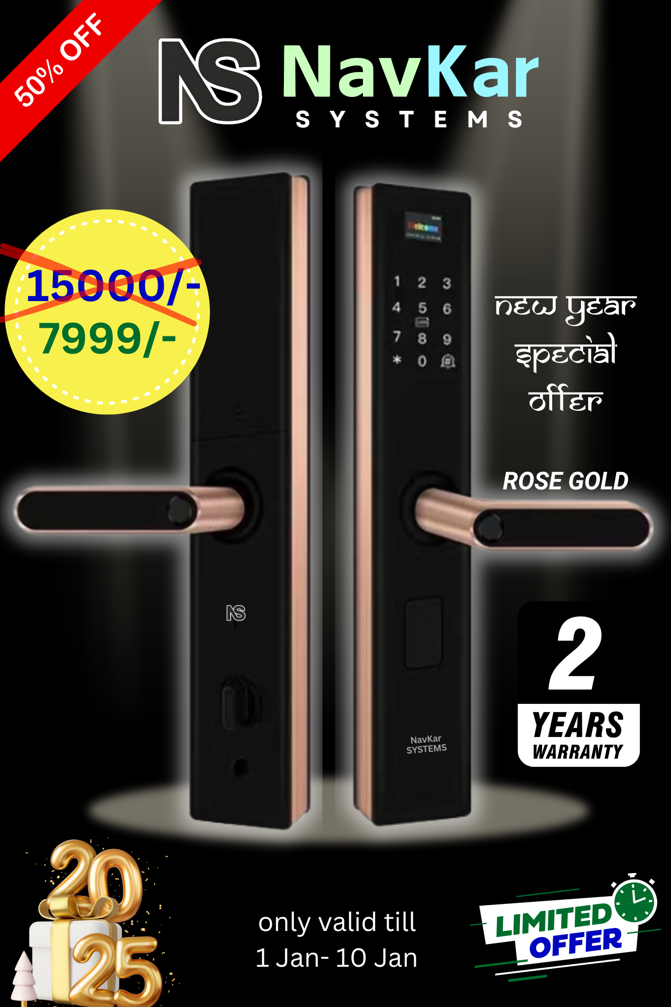 NeoRG-05 Rose Gold Digital Smart Handle Lock | Fingerprint, Wi-Fi & Mobile App Control | RFID Cards, Physical Keys, Built-in Doorbell | 2 Years Warranty