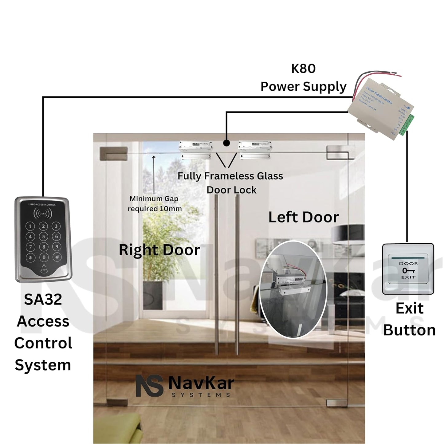 NAVKAR SYSTEMS RFID Pin Access Control System, Fully Frameless Glass Door Lock for Double Glass Doors 2 Nos, K80 Supply, PVC Button, Keychain Tag 10 Nos for double glass door