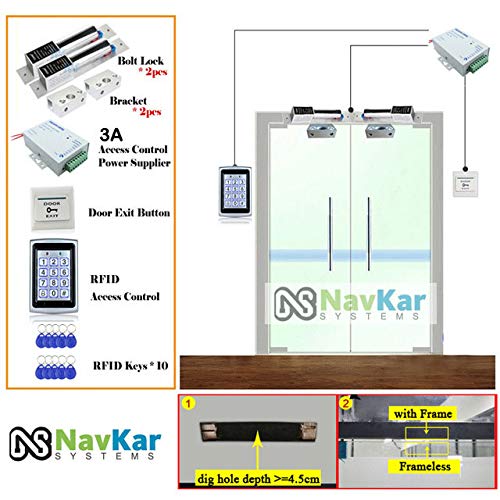 NAVKAR SYSTEMS Weatherproof RFID Pin Access Control System, Drop Bolt Lock 2 Nos, Drop Bolt U Bracket for Glass Door 2 Nos, K80 Supply, PVC Button, Keychain Tag 10 Nos for Frameless Glass Double Door