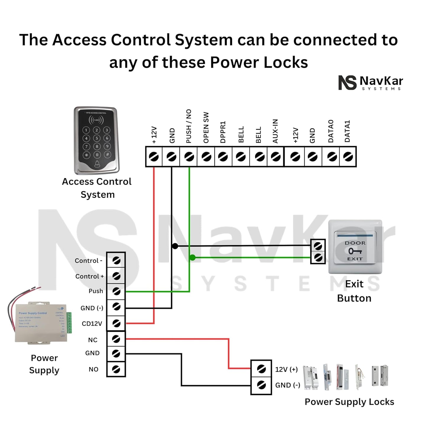 NAVKAR SYSTEMS RFID Pin Access Control System, EM Lock Double Leaf 1200 Lbs for Double Door, K80 Supply, PVC Button, Keychain Tag 10 Nos for Wooden or Aluminium Door