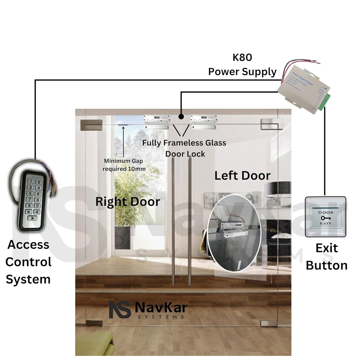 NAVKAR SYSTEMS Weatherproof RFID Pin Access Control System, Fully Frameless Glass Door Lock 2 Nos, K80 Supply, PVC Button, Keychain Tag 10 Nos for Double Frameless Glass Door