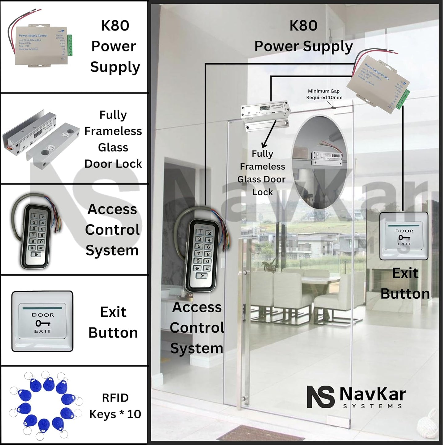 Door Entry Access Control System Weatherproof RFID Pin Access Panel, Fully Frameless Glass Door Lock, K80 Supply, PVC Button, Keychain Tags 10 Nos for Frameless Glass Door