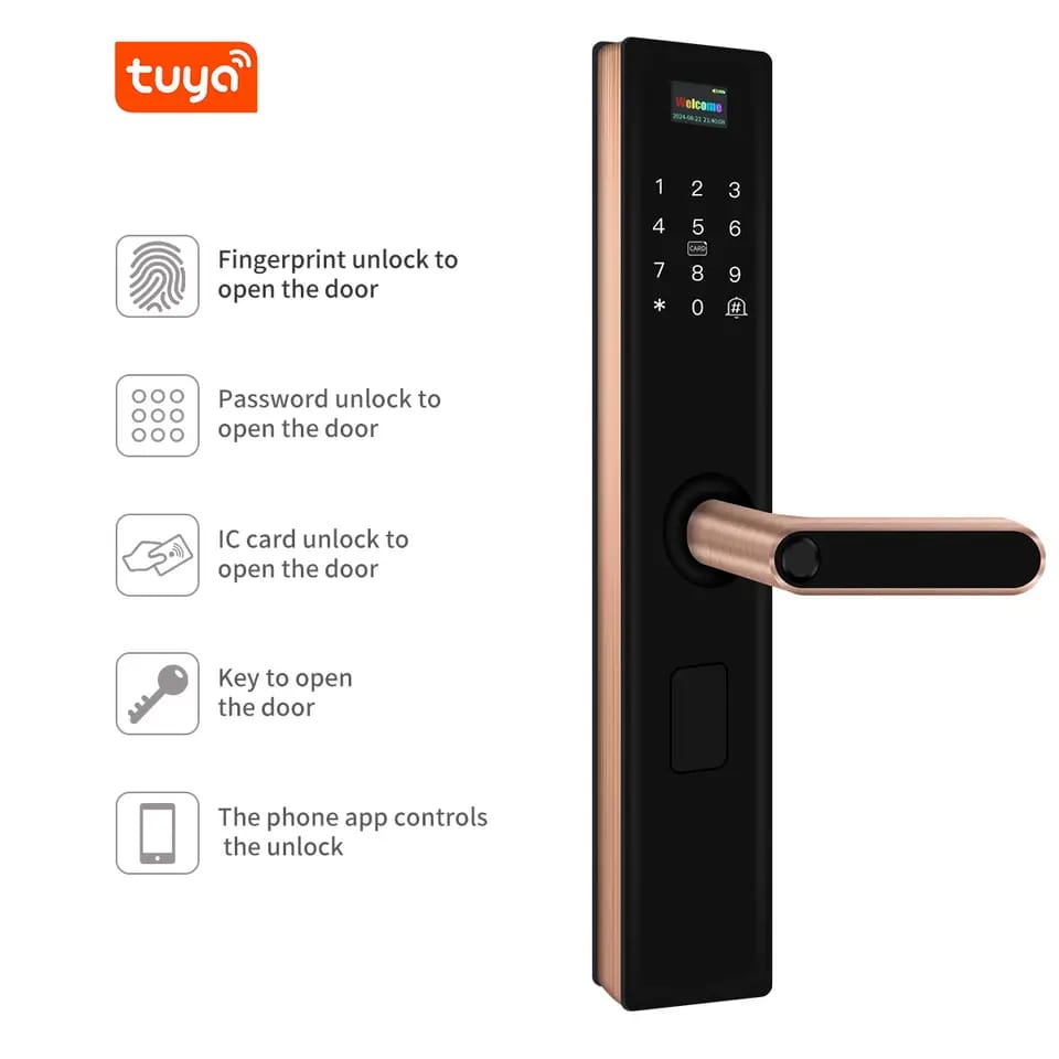 NeoRG-05 Rose Gold Digital Smart Handle Lock | Fingerprint, Wi-Fi & Mobile App Control | RFID Cards, Physical Keys, Built-in Doorbell | 2 Years Warranty