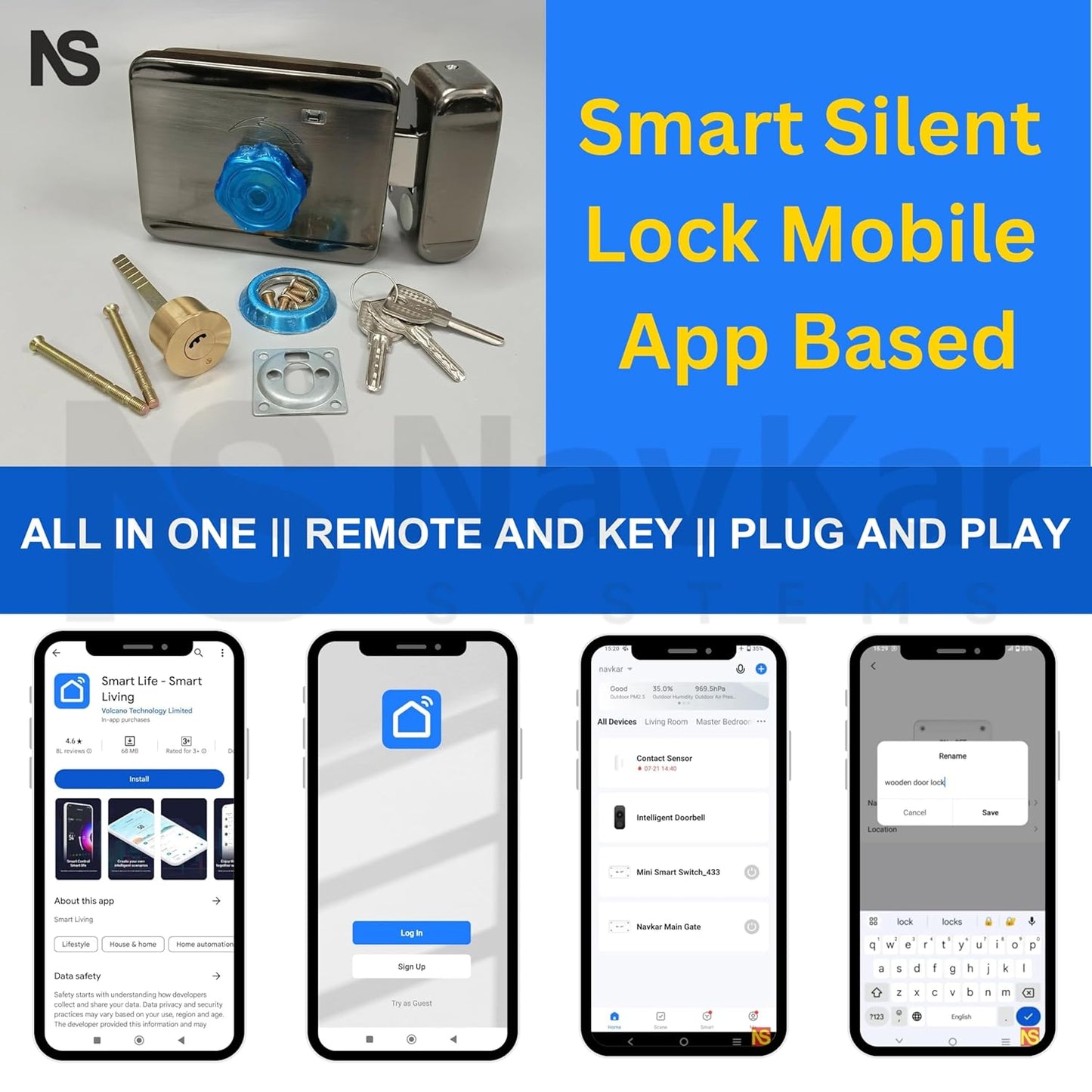 Combo-CN91 Motorised Electric Door Lock for Wooden & Metal Doors with 3 Keys with WiFi Controller with 3 remotes and 12V 3A Power Supply | Stainless Steel | Motorised Technology