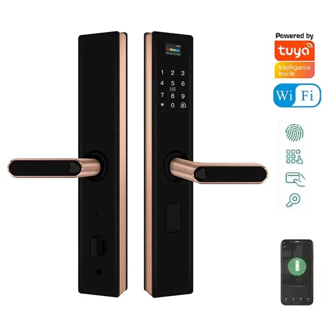 NeoRG-05 Rose Gold Digital Smart Handle Lock | Fingerprint, Wi-Fi & Mobile App Control | RFID Cards, Physical Keys, Built-in Doorbell | 2 Years Warranty
