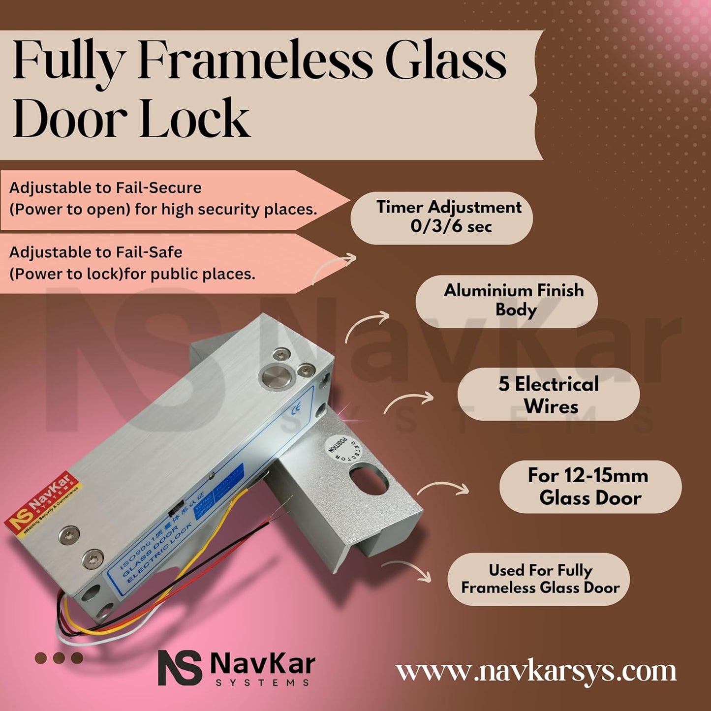 NAVKAR SYSTEMS RFID Pin Access Control System, Fully Frameless Glass Door Lock for Double Glass Doors 2 Nos, K80 Supply, PVC Button, Keychain Tag 10 Nos for double glass door