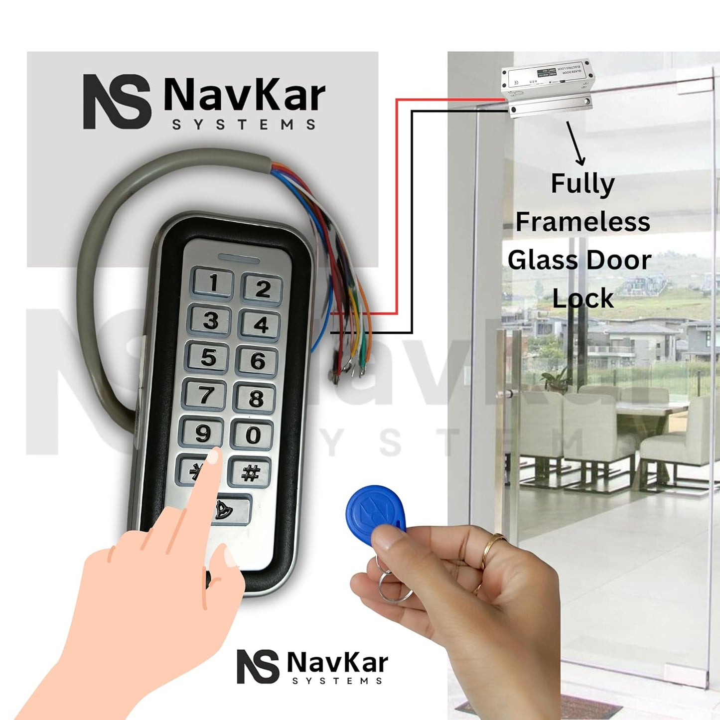 Door Entry Access Control System Weatherproof RFID Pin Access Panel, Fully Frameless Glass Door Lock, K80 Supply, PVC Button, Keychain Tags 10 Nos for Frameless Glass Door