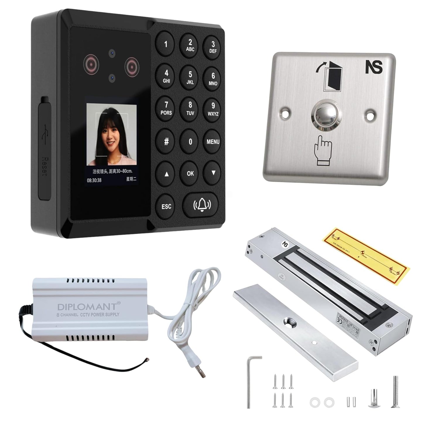 Access Control System CN281 FCA-01 Palm Print + AI Face Recognition Biometric Terminal with EM Lock, exit Push Button and 12V Power Supply