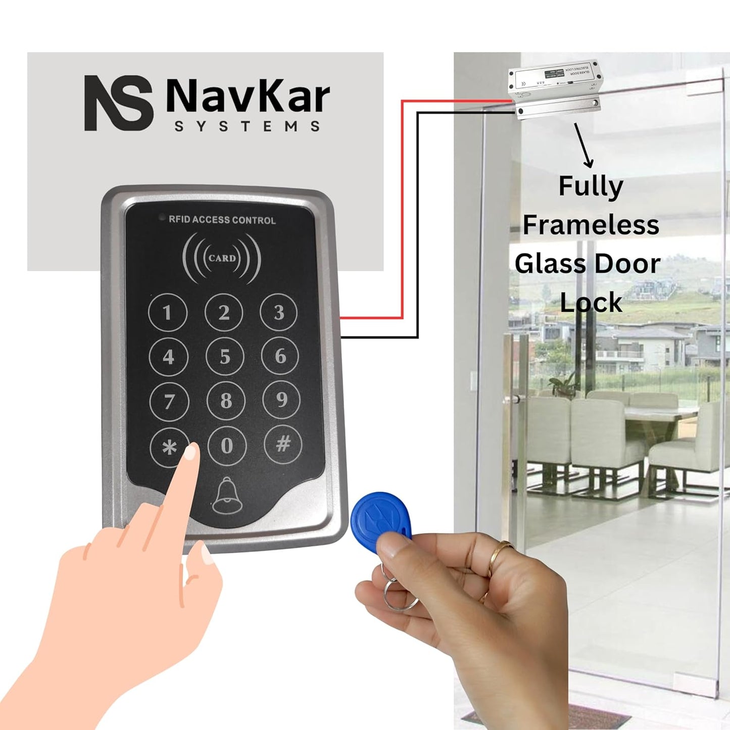 NAVKAR SYSTEMS RFID Pin Access Control System, Fully Frameless Glass Door Lock, K80 Supply, PVC Button, Keychain Tag 10 Nos for Toughened Glass Door with Glass Frame