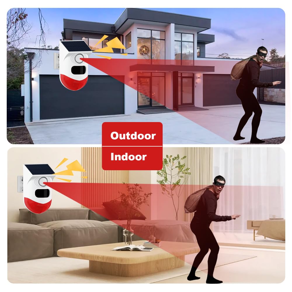 Solar Sound & Strobe Light Alarm with Motion Detector and Remote Controller 120db Sound Security Siren Light IP67 Waterproof 24 Hours+4 Mode for Home, Farm, Barn, Villa, Yard, Garden