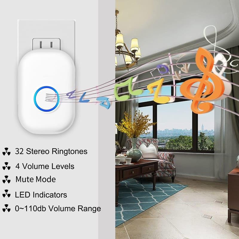 (DRB-43) Wireless doorbell, LED Flash, 32 ringtones and 4 Volume Levels, Running Within 1000 feet, Suitable for Homes, Offices, classrooms, Shops, Warehouses, etc (White)
