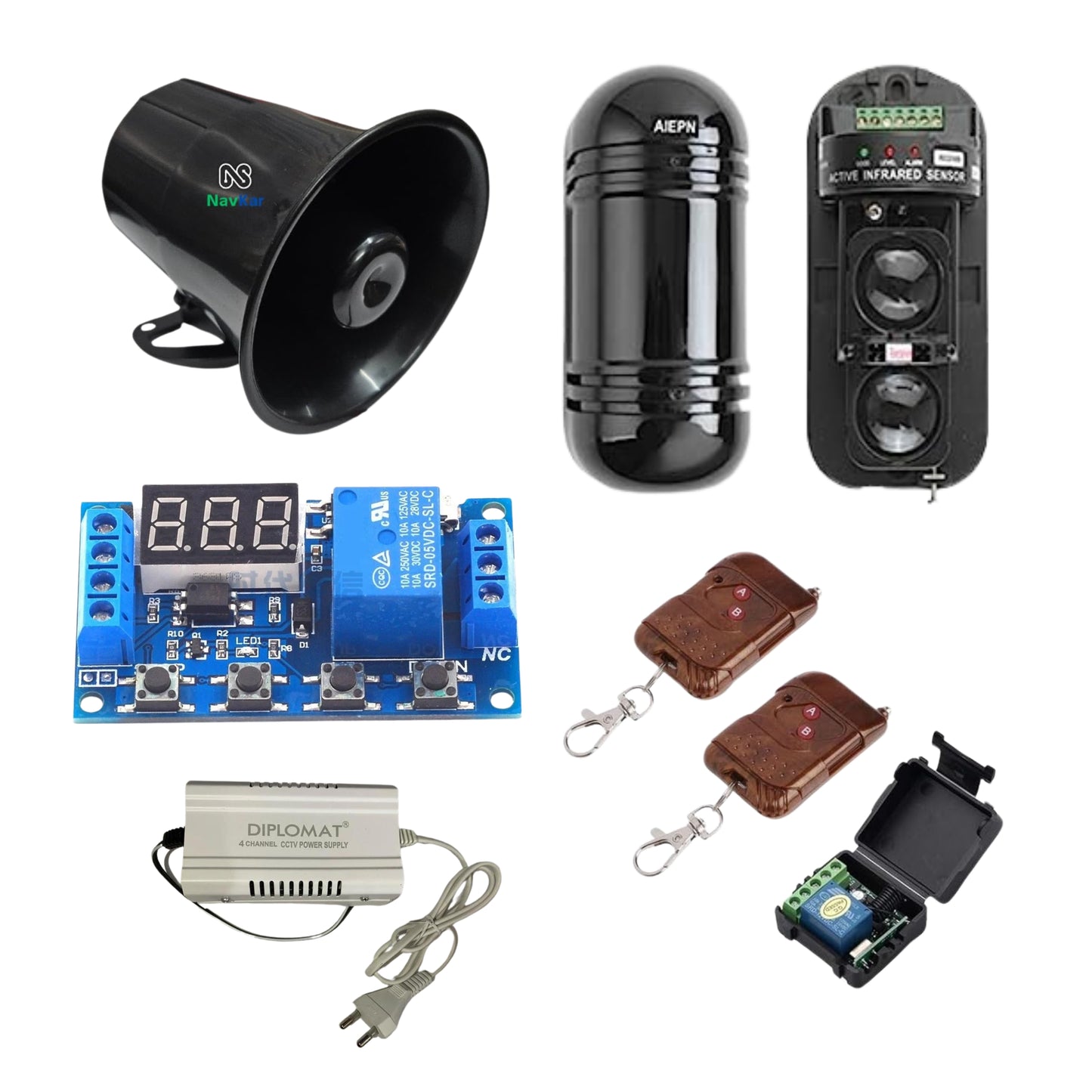 Combo-CN100 Dual Beam Sensor 100 Meter with Timer PCB, 12V Black Siren, Remote Receiver with 2 remotes and 12v 5 amp Power Supply (Security System Not Required)