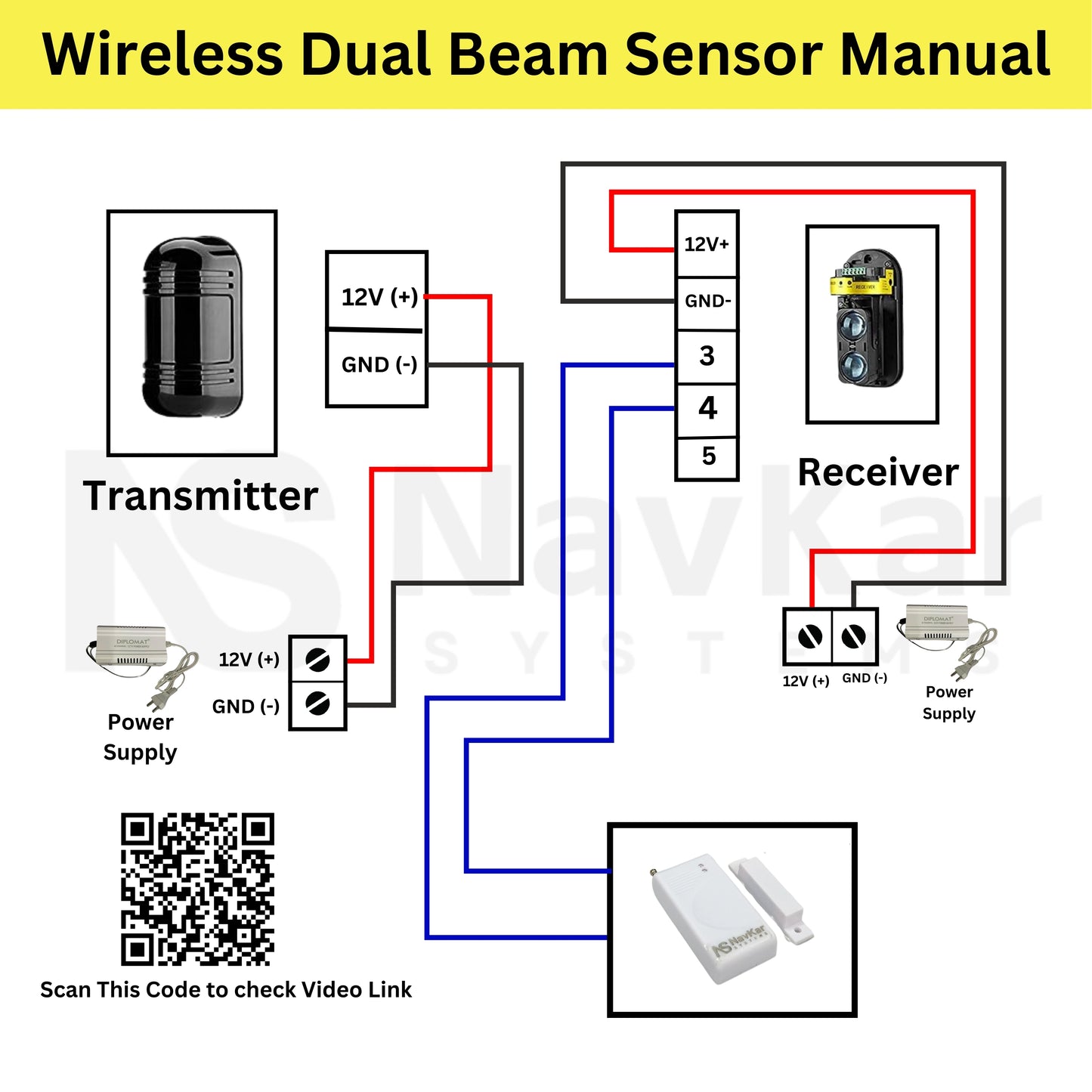 Combo-CN163 Dual Beam Sensor 100 Meter with MCT-43 Wireless Sensor 433 Mhz for Wireless Communication (Security System Not Included) Black Colour