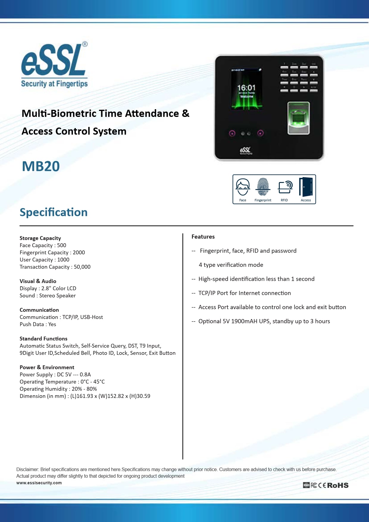 ESSL M B20Face Finger Biometric Attendance with 1 year cloud software and Mobile App for upto 50 Employees