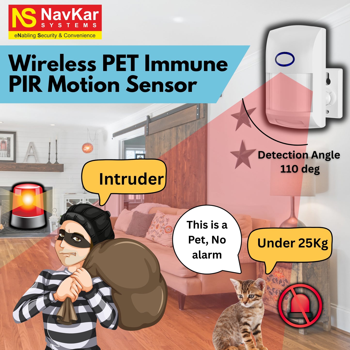 Navkar Systems PIPE-10 PET Immune PIR Motion Sensor Wireless 433 MHZ