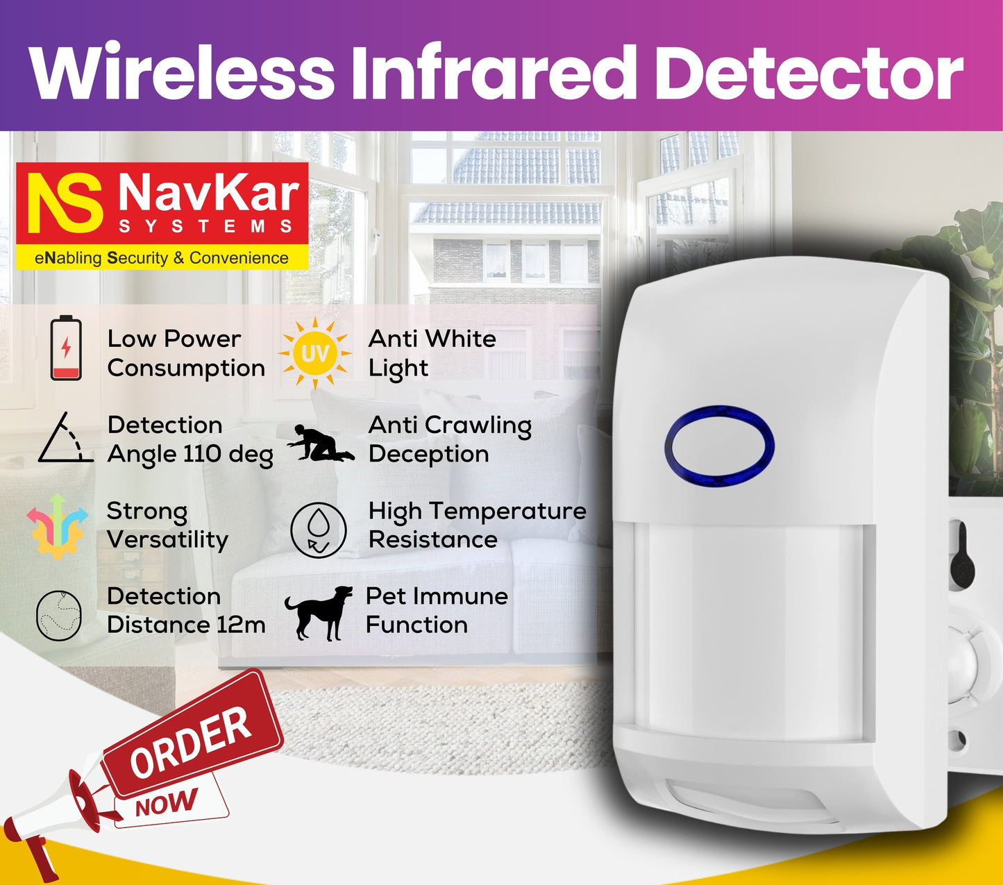 Navkar Systems PIPE-10 PET Immune PIR Motion Sensor Wireless 433 MHZ