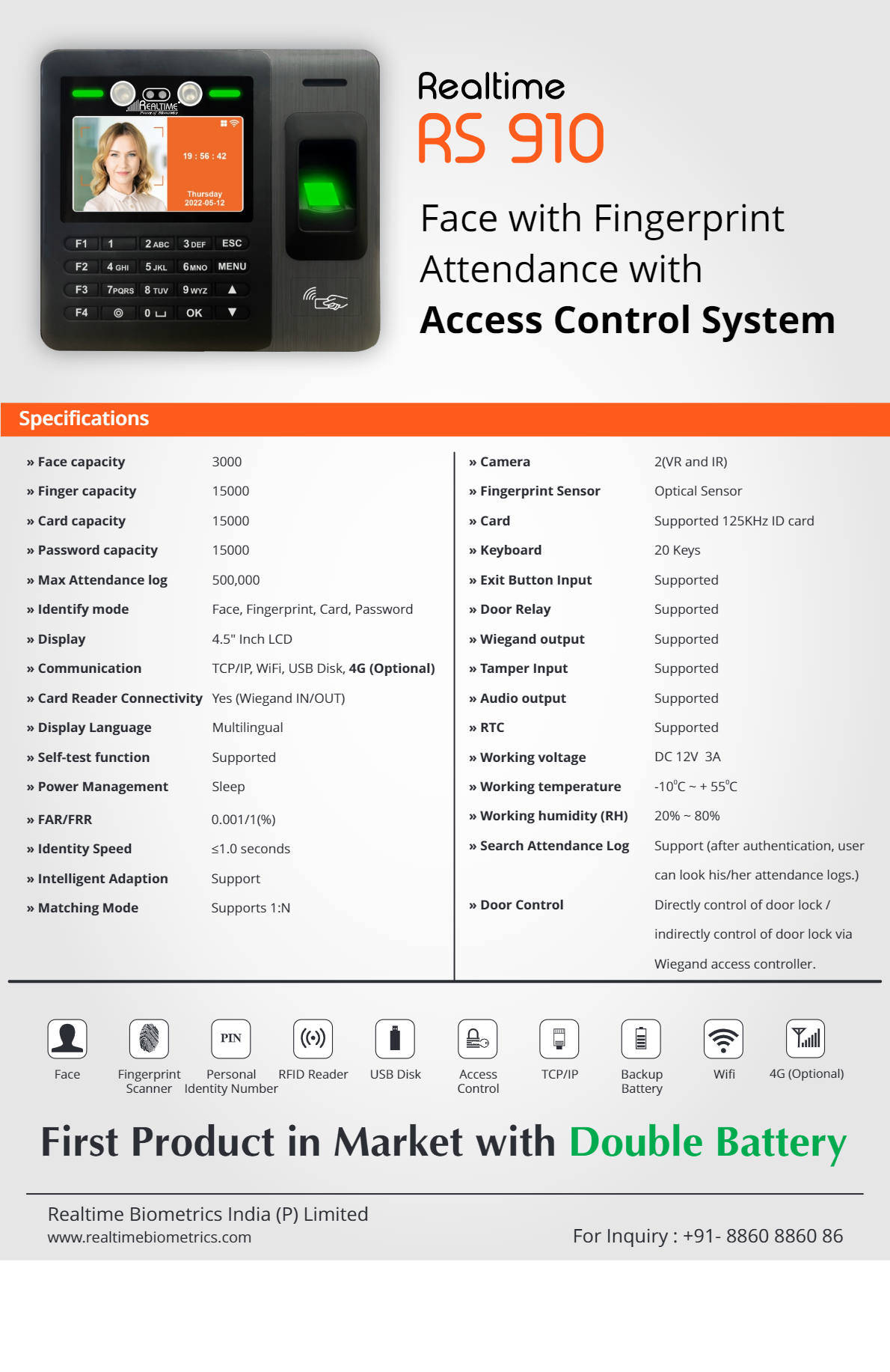 Realtime RS910 Face with Fingerprint Attendance with Access Control System