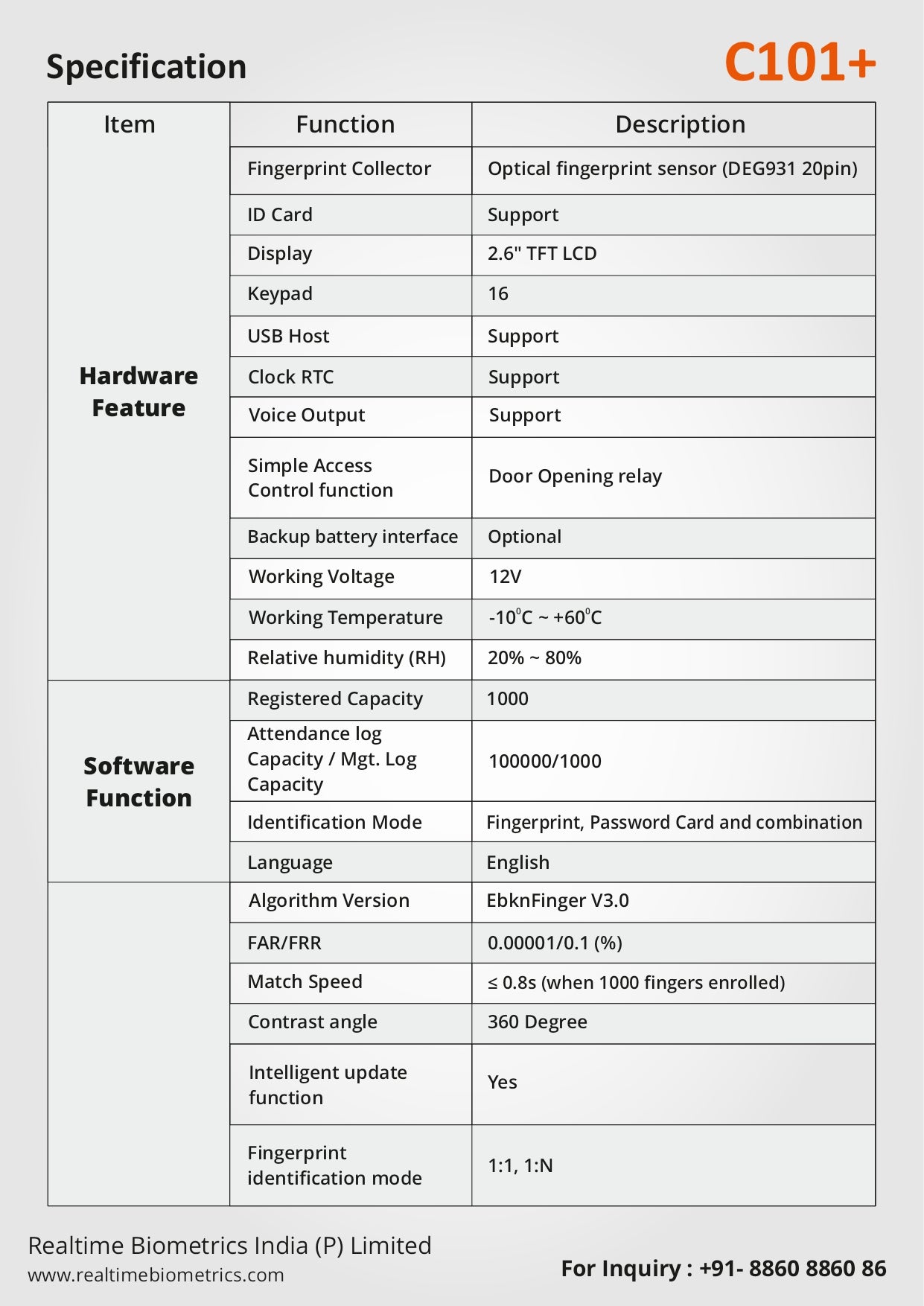 Realtime C101+ Biometric Attendance System