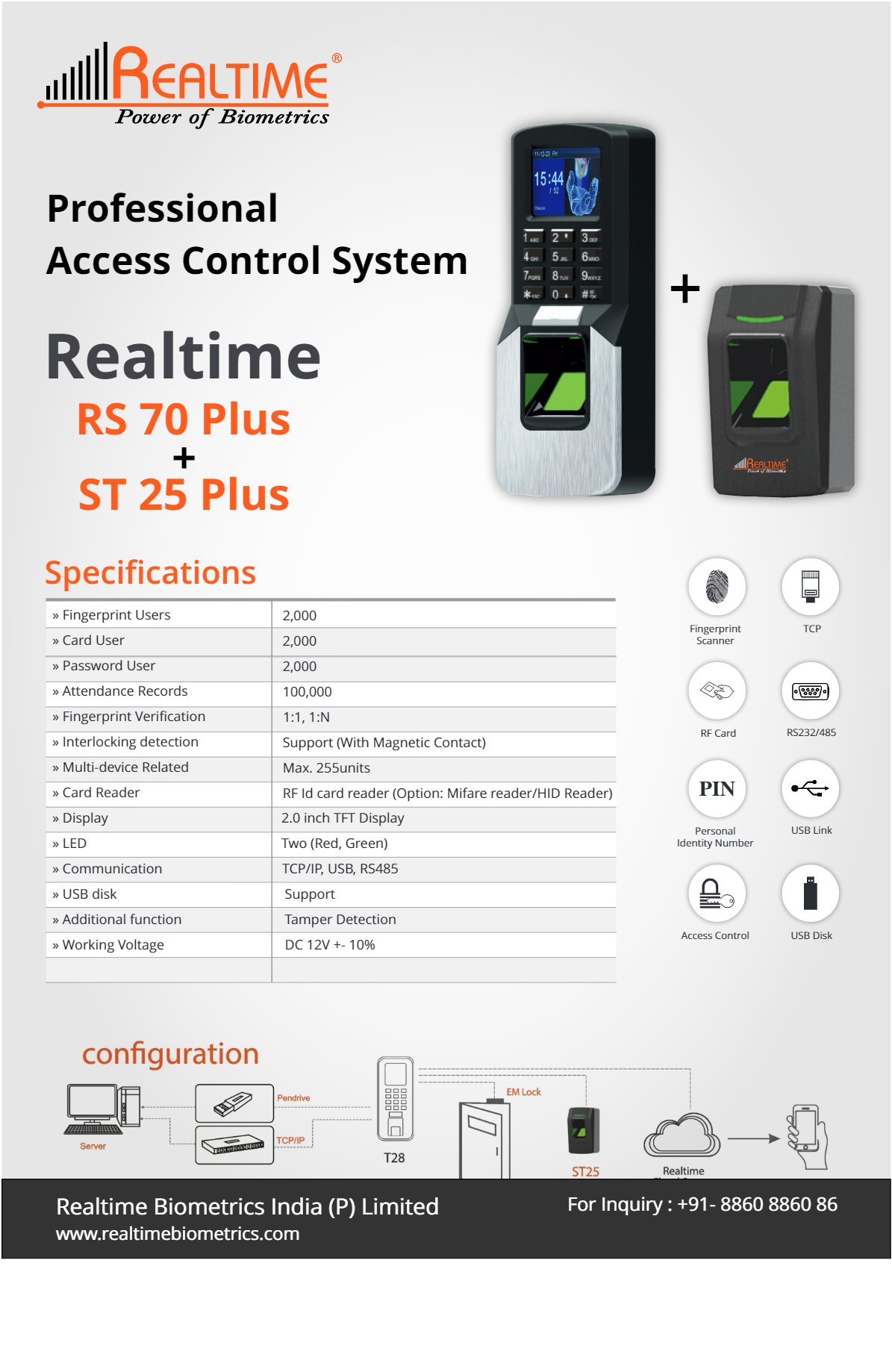 Combo-CN118 Realtime RS 70 Plus + ST 25Plus Fingerprint access control With Slave Reader