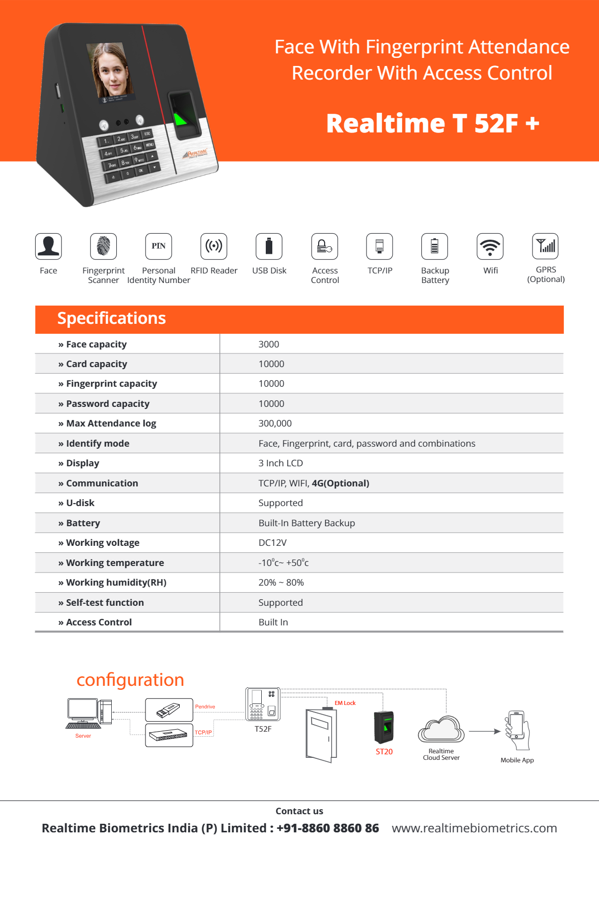 Realtime T52F+ Face With Fingerprint Attendance Recorder With Access Control