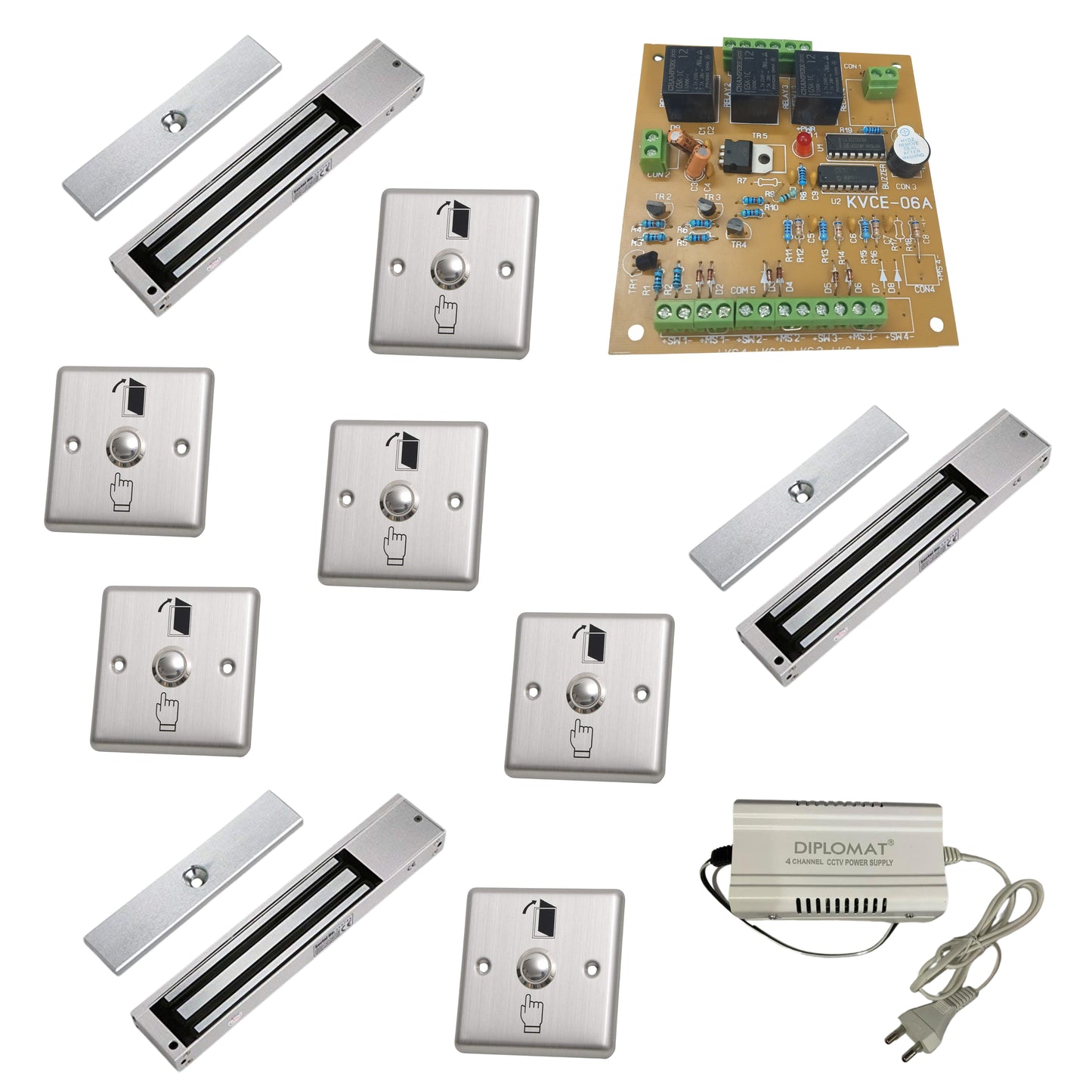 (Combo-CN36) 3 Door Interlocking Controller 1 Nos with EM Lock 600 Lbs Feedback 3 Nos Exit Button 6 pc & 12v 5 Amp Power Supply