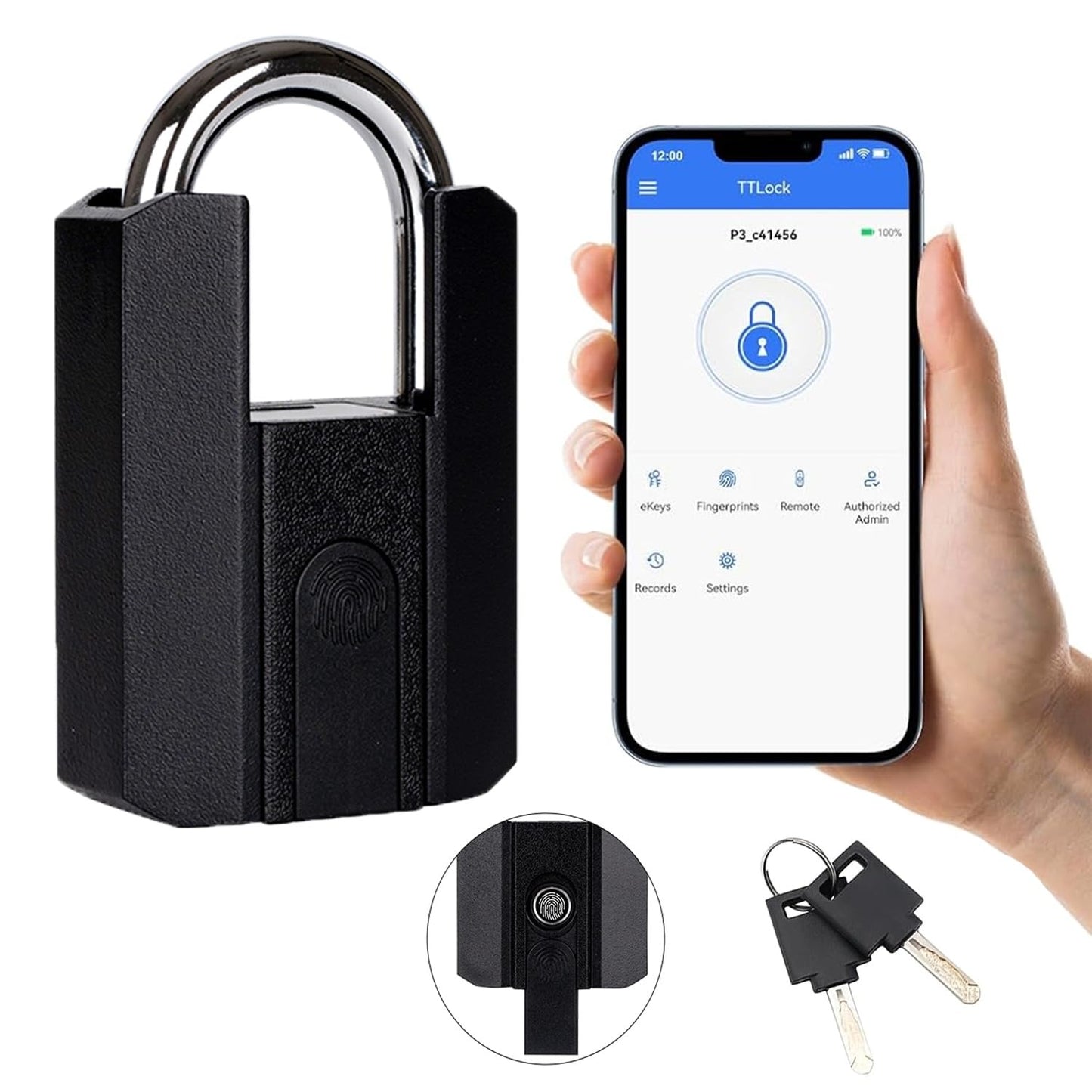 FPAL-2K Smart Heavyduty Fingerprint Padlock with APP - Waterproof Biometric Smart Lock with Key for Warehouse, Fence, Outdoor Gate Rechargeable Padlock Zinc-Alloy Metal Body(Black)