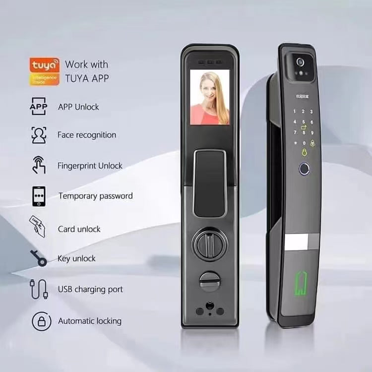 SLX-1 Face Recognition + Fingerprint + Password + Temporary Password + IC Card + Mechanical Key + Remote Unlocking + APP Grey Smart Door Lock