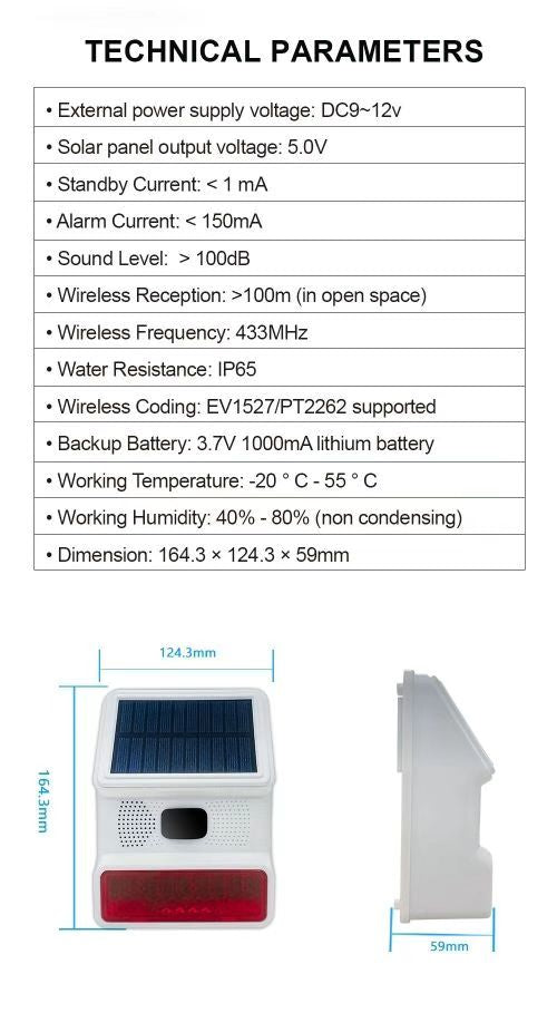 SRSOL-43 Wireless Solar Alarm Siren, 433MHz Wireless Outdoor Siren, Solar Outdoor Siren with LED Flashing Light Function, Support Wireless Alarm System