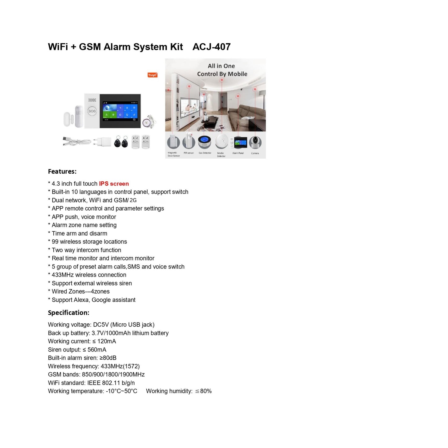 ACJ-407 Tuya WiFi Alarm System 4.3 Inch Screen Home Burglar Motion Detector WiFi & GSM Alarm System