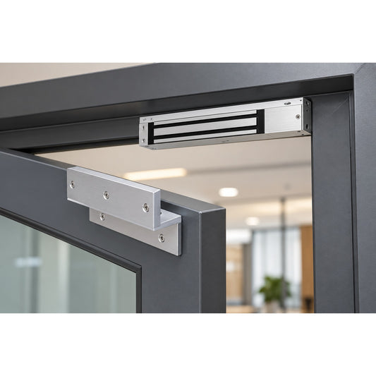 NavKar EM lock installed on a door with Z and L bracket