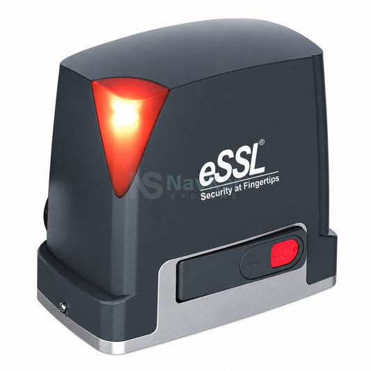 eSSL HG-BDC-800 sliding gate motor, restored high-clarity indicator-side view with original housing, release cover and NavKar centre watermark
