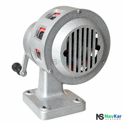 NavKar HSR-1K manual hand crank siren with metal housing and mounting base