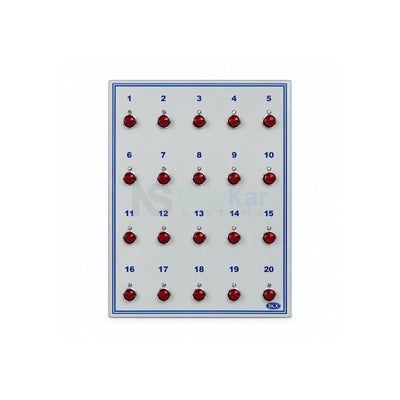 NavKar 20-point wired nurse and staff call panel on white with all numbered red indicator positions 1 to 20 and a subtle centred NavKar Systems watermark