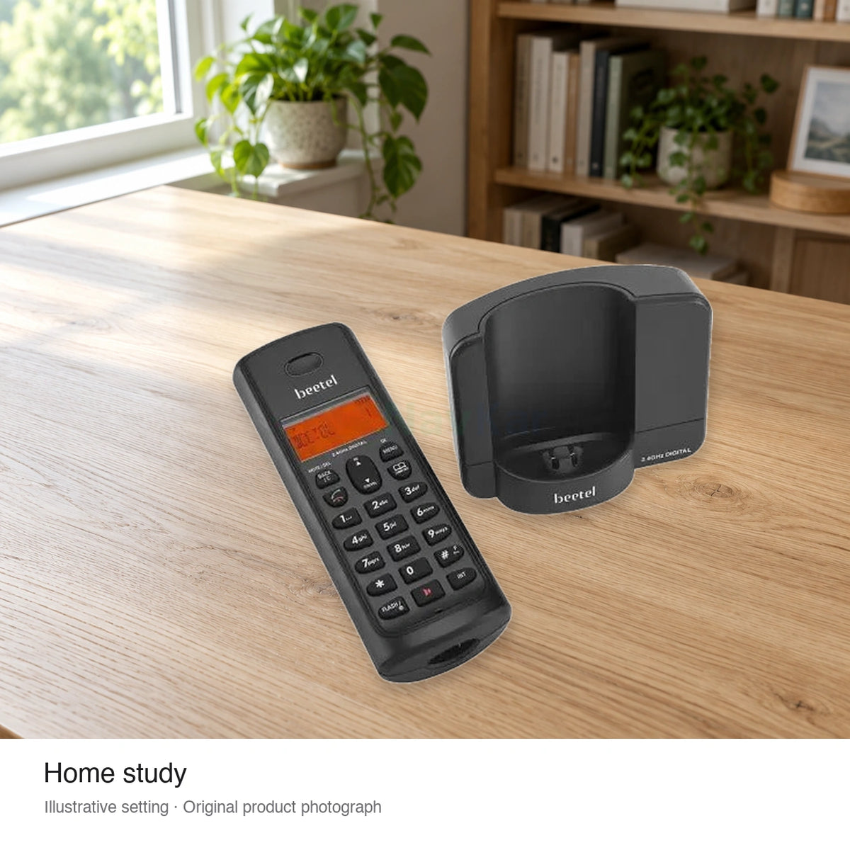 Beetel X90 cordless handset and base in an illustrative home-study setting, using the original product photograph
